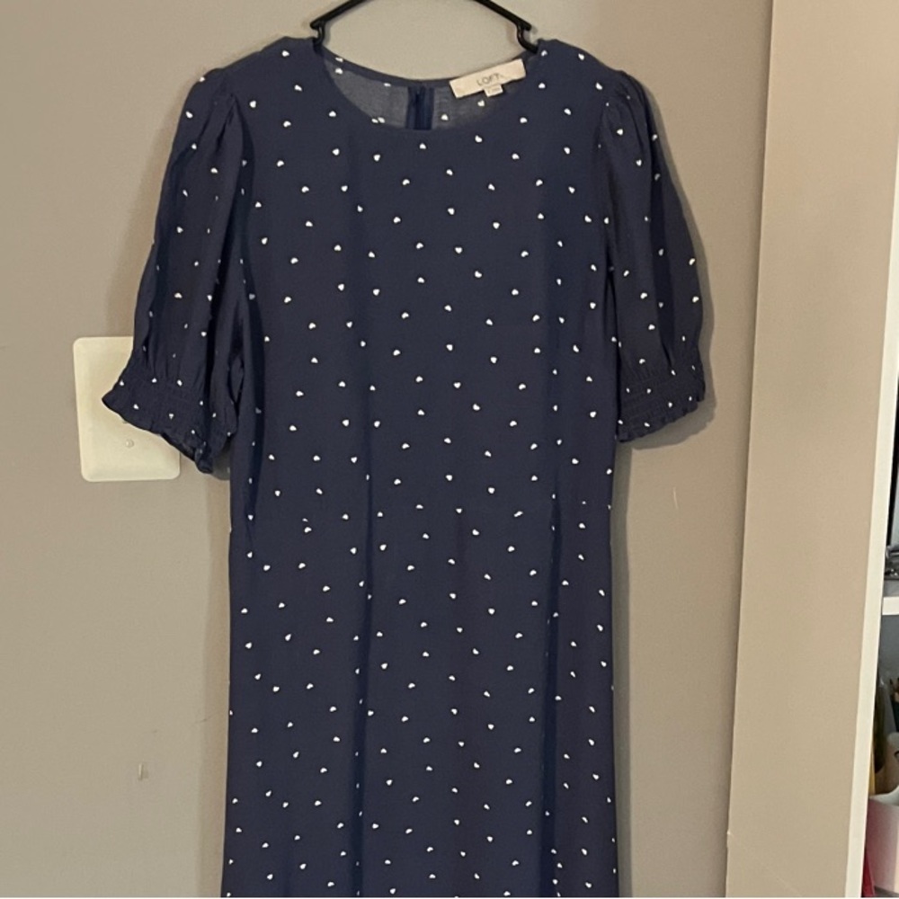 Loft Navy Blue Heart Polka Dot Dress Size 8